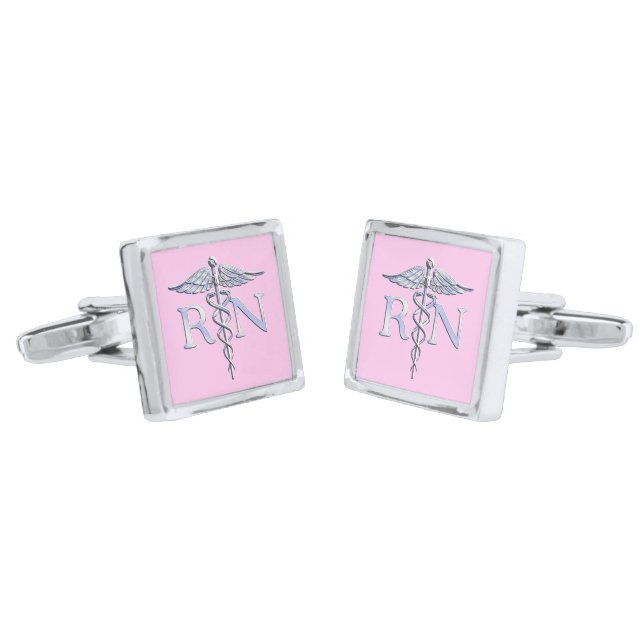 Chrome Like RN Caduceus Medical on Pink Silver Cufflinks (Angled)