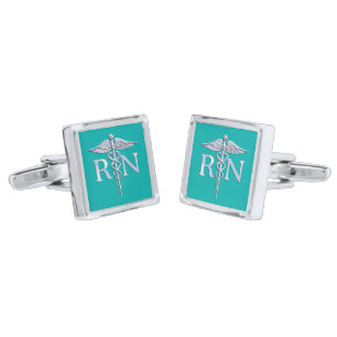 Chrome Like RN Caduceus Medical on Turquoise Cufflinks