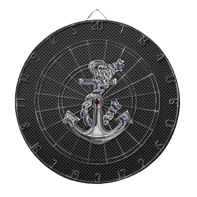 Chrome Like Rope Anchor on Carbon Fiber Dartboard With Darts (Front)