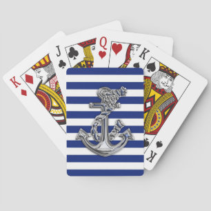Chrome Like Rope Anchor on Nautical Stripes Decor Poker Cards