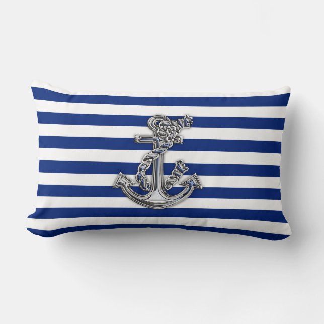 Chrome Like Rope Anchor on Nautical Stripes Lumbar Pillow (Front)