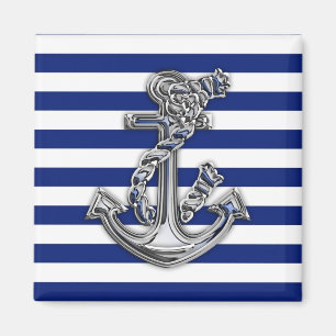 Chrome Like Rope Anchor on Nautical Stripes Magnet