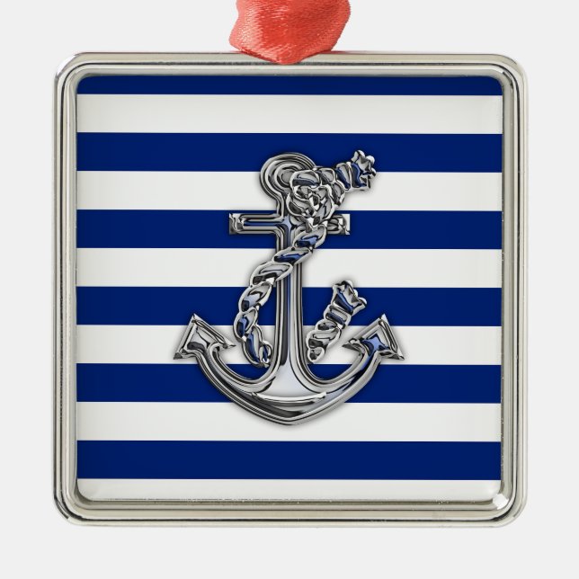 Chrome Like Rope Anchor on Nautical Stripes Metal Ornament (Front)