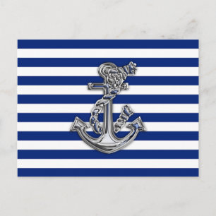 Chrome Like Rope Anchor on Nautical Stripes Postcard