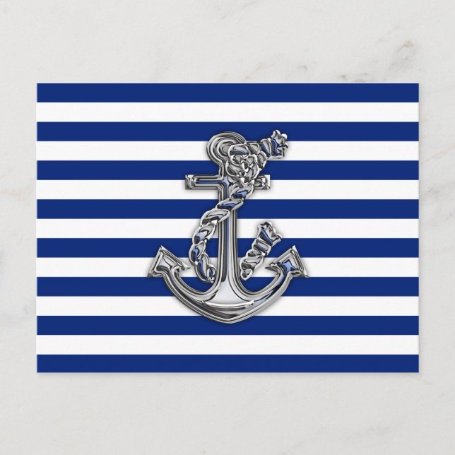 Chrome Like Rope Anchor on Nautical Stripes Postcard (Front)
