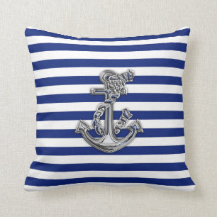 Chrome Like Rope Anchor on Nautical Stripes Throw Pillow
