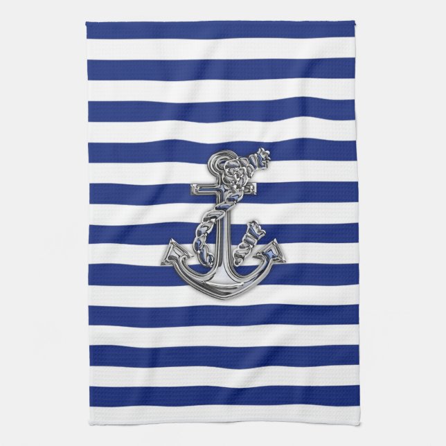 Chrome Like Rope Anchor on Nautical Stripes Towel (Vertical)