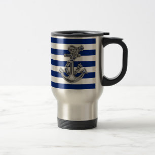 Chrome Like Rope Anchor on Nautical Stripes Travel Mug