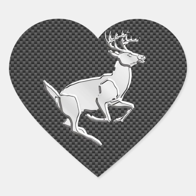 Chrome Like Running Deer on Carbon Fiber Print Heart Sticker (Front)