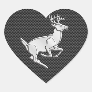 Chrome Like Running Deer on Carbon Fiber Print Heart Sticker