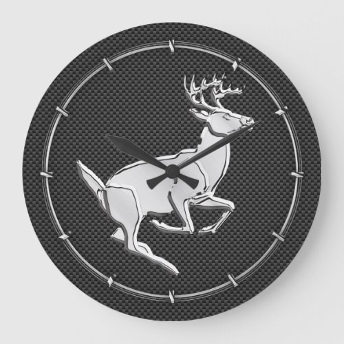 Chrome Like Running Deer on Carbon Fiber Print Large Clock