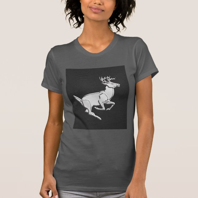 Chrome Like Running Deer on Carbon Fiber Print T-Shirt (Front)