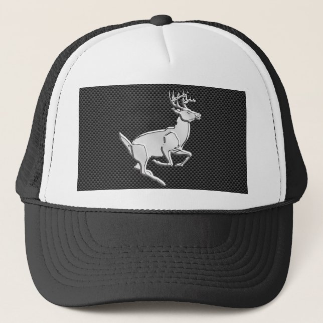 Chrome Like Running Deer on Carbon Fiber Print Trucker Hat (Front)