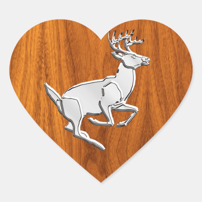 Chrome Like Running Deer on Fine Teak Print Heart Sticker (Front)
