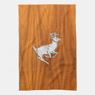 Chrome Like Running Deer on Fine Teak Print Kitchen Towel