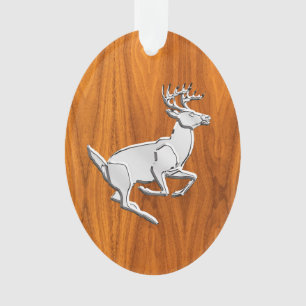 Chrome Like Running Deer on Fine Teak Print Ornament