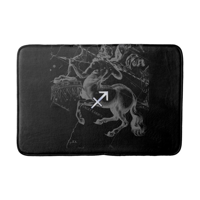 Chrome Like Sagittarius Sign on Black Hevelius Bathroom Mat (Front)
