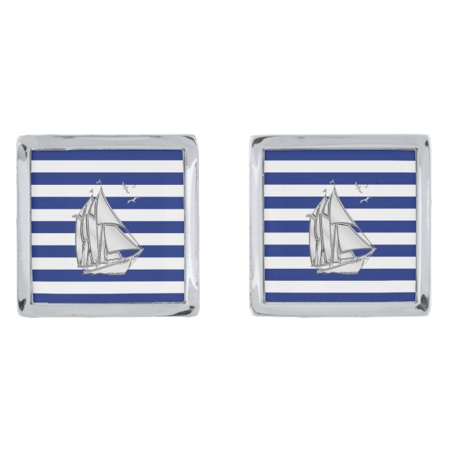 Chrome Like Sail Boat Nautical Navy Blue Stripes Cufflinks (Front)