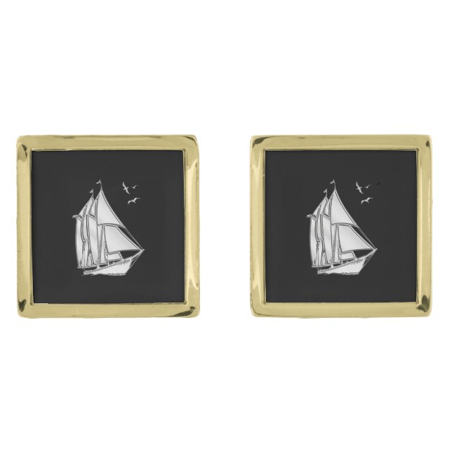 Chrome Like Sail Boat Nautical Navy on Black Gold Cufflinks (Front)