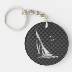 Chrome Like Sailboat on Carbon Fiber Keychain
