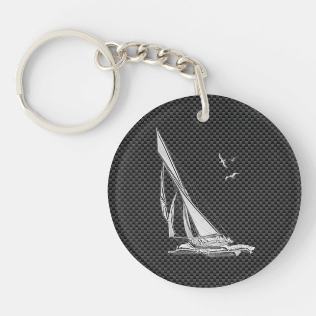 Chrome Like Sailboat on Carbon Fiber Keychain (Front)