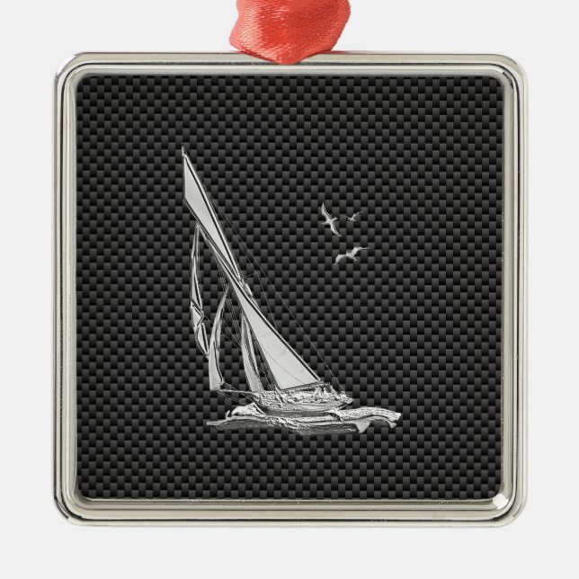 Chrome Like Sailboat on Carbon Fiber Metal Ornament (Front)