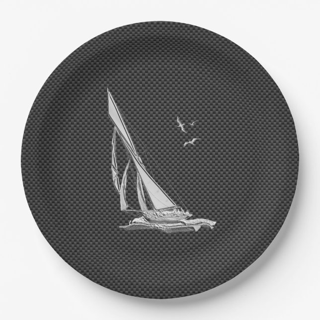 Chrome Like Sailboat on Carbon Fiber Paper Plates (Front)
