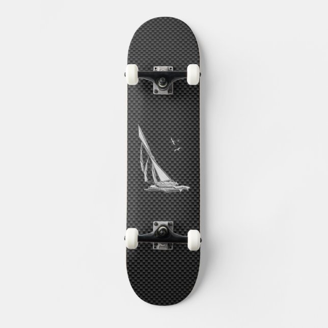 Chrome Like Sailboat on Carbon Fiber Skateboard Deck (Front)