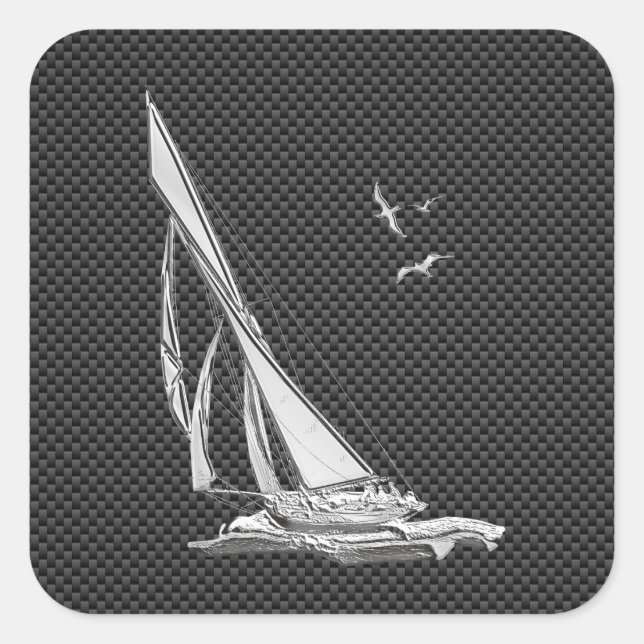 Chrome Like Sailboat on Carbon Fiber Square Sticker (Front)