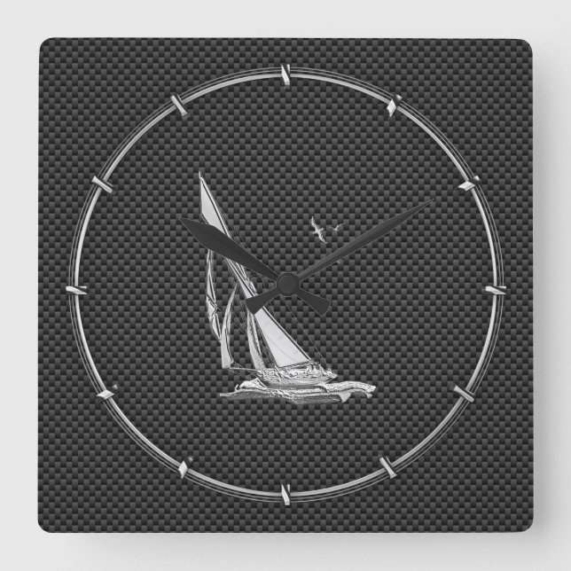 Chrome Like Sailboat on Carbon Fiber Square Wall Clock (Front)