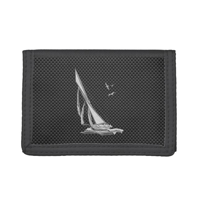 Chrome Like Sailboat on Carbon Fiber Tri-fold Wallet (Front)