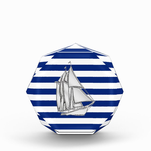 Chrome Like Sailboat on Nautical Stripes Acrylic Award (Front)