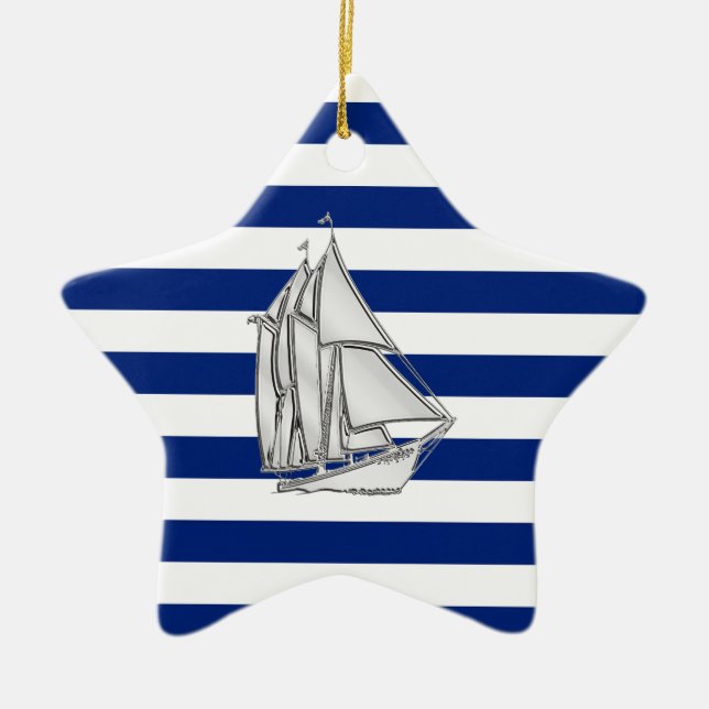 Chrome Like Sailboat on Nautical Stripes Ceramic Ornament (Front)