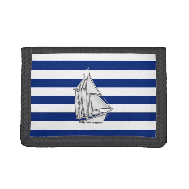 Chrome Like Sailboat on Nautical Stripes Tri-fold Wallet (Front)