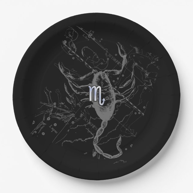 Chrome like Scorpio Zodiac Sign on Hevelius Decor Paper Plates (Front)