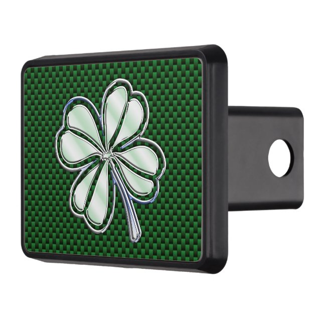 Chrome Like Shamrock on Carbon Fiber Print Trailer Hitch Cover (Left)