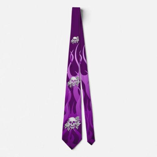 Chrome Like Skull and Roses Purple Racing Flames Tie