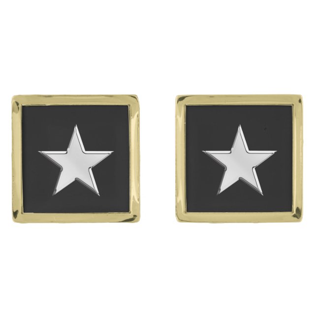 Chrome Like Star Nautical on Black Print Gold Cufflinks (Front)
