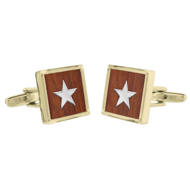 Chrome Like Star Nautical on Mahogany Print Gold Cufflinks (Angled)