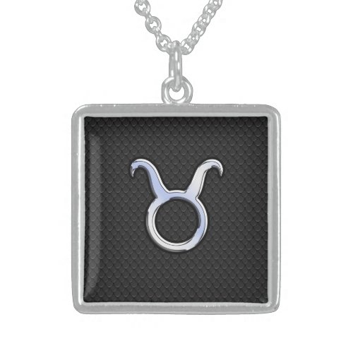 Chrome Like Taurus Sign on Black Snake Skin Sterling Silver Necklace