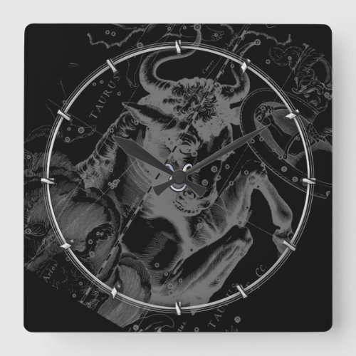 Chrome like Taurus Zodiac on Hevelius Black Square Wall Clock