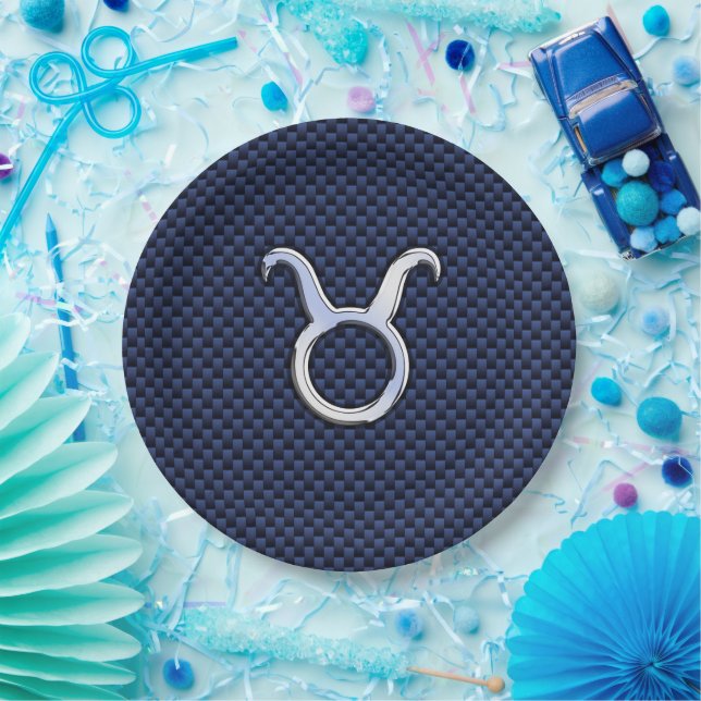 Chrome Like Taurus Zodiac Sign Blue Carbon Print Paper Plates (Party)