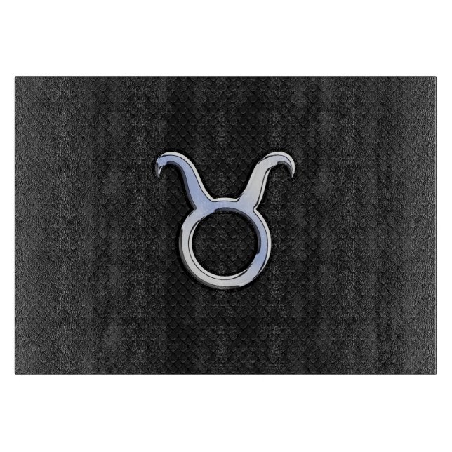 Chrome Like Taurus Zodiac Sign on Black Snake Skin Cutting Board (Front)
