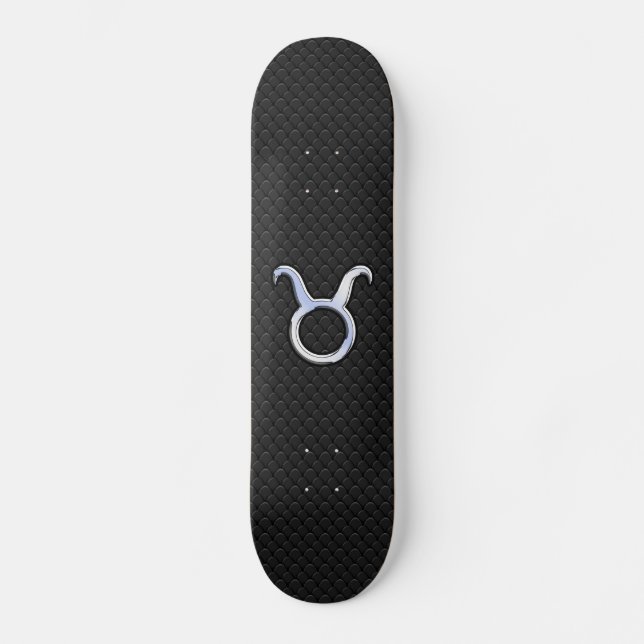 Chrome Like Taurus Zodiac Sign on Black Snake Skin Skateboard Deck (Front)