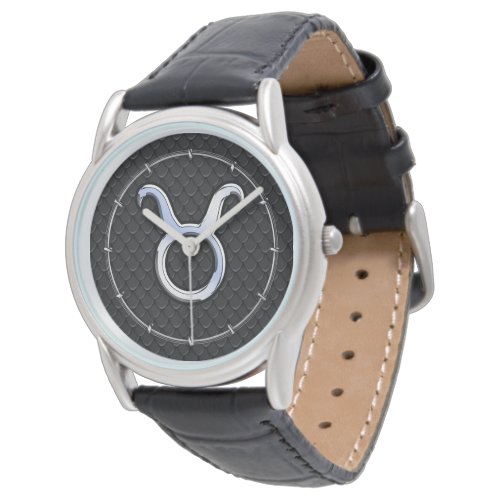 Chrome Like Taurus Zodiac Sign on Black Snake Skin Watch
