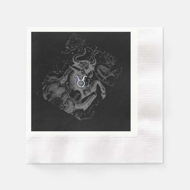 Chrome like Taurus Zodiac Sign on Hevelius Black Napkins (Front)