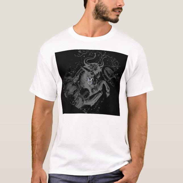 Chrome like Taurus Zodiac Sign on Hevelius Black T-Shirt (Front)