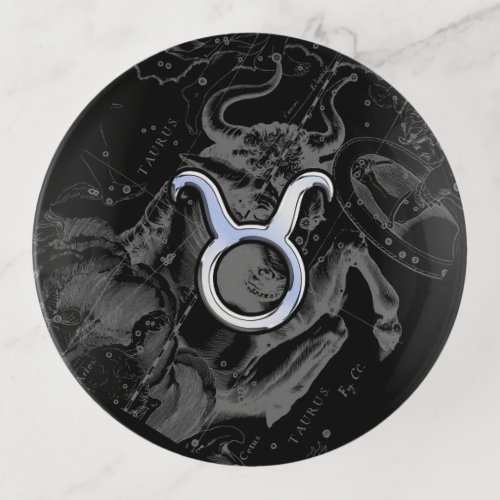 Chrome like Taurus Zodiac Sign on Hevelius Black Trinket Tray