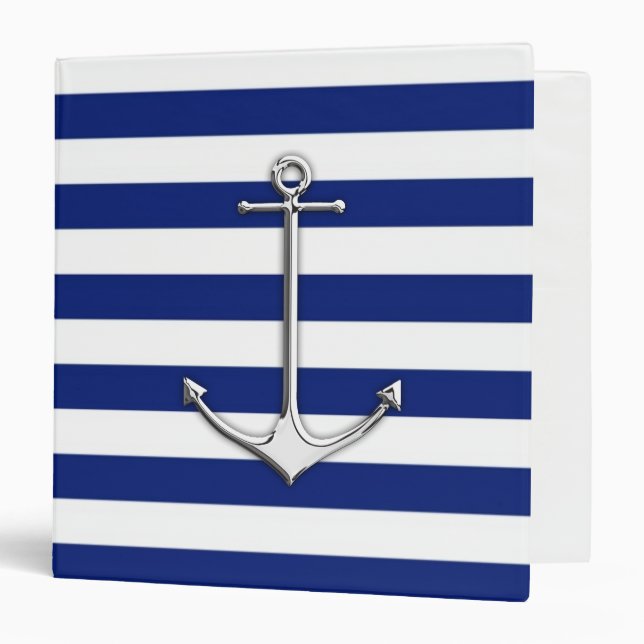 Chrome Like Thin Anchor on Nautical Stripes 3 Ring Binder (Front/Inside)