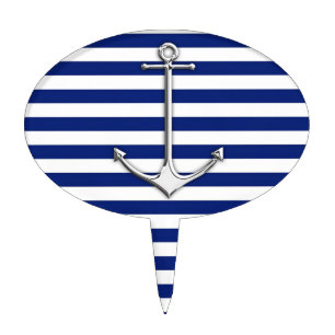 Chrome Like Thin Anchor on Nautical Stripes Cake Topper